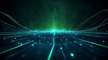 Fototapeta premium Futuristic Abstract Digital Landscape with Glowing Lines and Particles in Green and Blue Color Palette