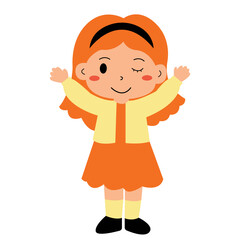 Happy girl with orange hair raising arms joyfully. Suitable for happiness, celebration, energy, positivity, and lifestyle concepts in marketing materials