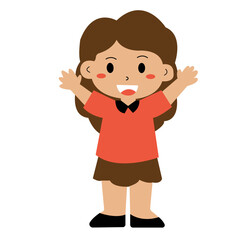 Happy girl in brown hair, red shirt, brown skirt with arms raised. Ideal for lifestyle, happiness, celebration, fashion, and energetic concepts