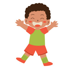 Joyful boy in orange shorts and a green shirt jumping happily. Suitable for summer or children related designs and advertising campaigns
