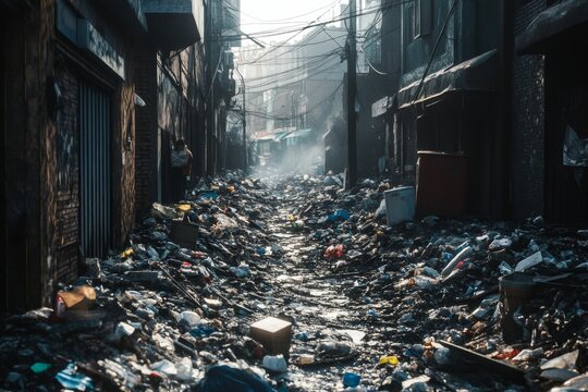 Trash-filled alleyway between dilapidated buildings.