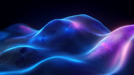 Fototapeta premium Futuristic Abstract Landscape with Flowing Waves of Bright Dots in Blue, Purple, and Pink Colors