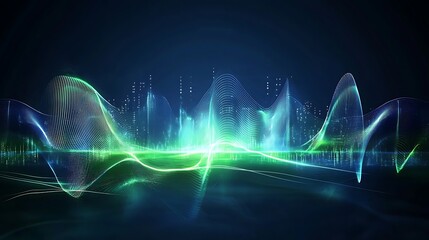 Futuristic Abstract Sound Waves with Vibrant Colors and City Skyline in Background for Technology and Music Themes