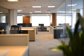 Fototapeta premium Defocused modern business office background, featuring blurred desks and glass partitions, creating a sleek and professional atmosphere