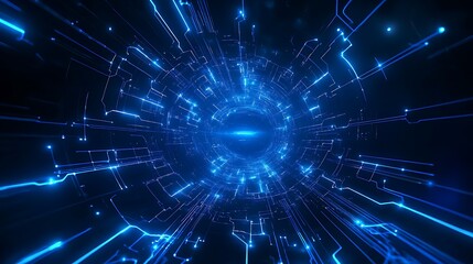 Futuristic Abstract Technology Background with Blue Light Trails and Digital Circuits in a Dark Environment