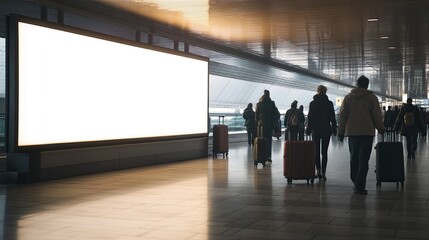 Blank billboard at an airport surrounded by passengers with luggage. AI generated image