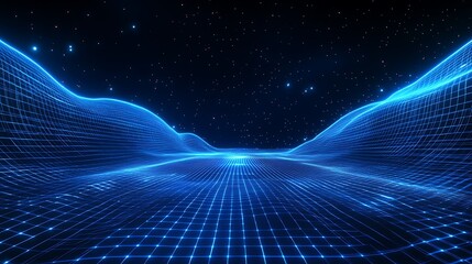 Fototapeta premium Futuristic Blue Neon Landscape with Grid and Starry Sky for Digital Art, Technology, and Science Concepts