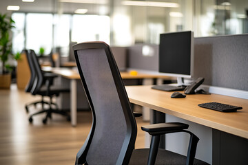 Defocused modern business office background, featuring blurred desks and glass partitions, creating a sleek and professional atmosphere