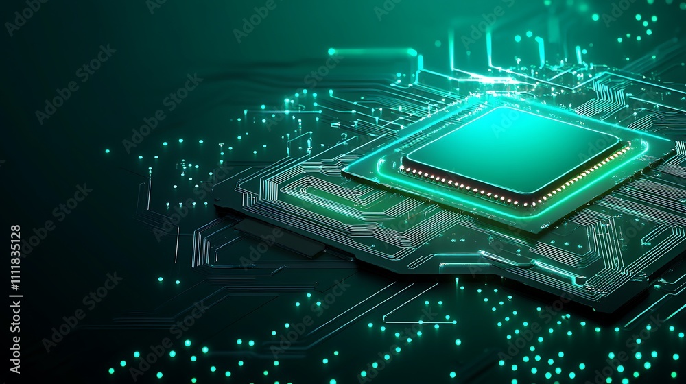 Poster futuristic close-up of a microchip with neon lights and circuit board elements in a digital backgrou