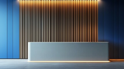 Office reception or hotel reception. A combination of blue and white colors on the walls, incorporating wooden slats as a decorative element. Modern lighting that enhances its clean lines and welcomin