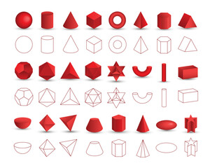 Set of vector realistic 3D red geometric shapes isolated on white background. Mathematics of geometric shapes, linear objects, contours. Platonic solid. Icons, logos for education, business, design
