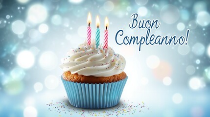 Banner with cupcake with candles and text "Buon Compleanno!", Happy birthday in italian language. Light blue and white background