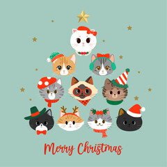 Merry Christmas and Happy New Year greeting card with collection of cute cats forming Christmas tree shape