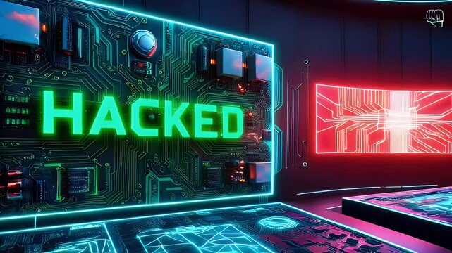 A futuristic digital environment displaying the word "HACKED" with neon circuitry elements.