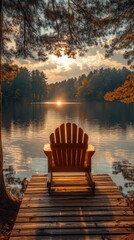 Naklejka premium Adirondack chair on boat dock at calm lake in soft sunlight