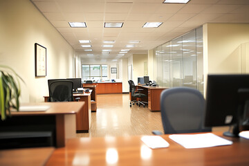 Defocused modern business office background, featuring blurred desks and glass partitions, creating a sleek and professional atmosphere