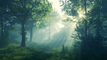 A misty forest at dawn, with sunlight breaking through the fog and casting long shadows.