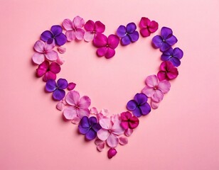 Obraz premium Heart made of pink and purple flower petals on a soft pastel background. Ai generated image.