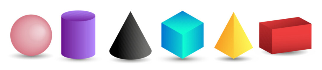 Set of 3d geometric shapes. Isometric views of sphere, cylinder, cone, cube, pyramid and parallelepiped. Vector illustration isolated on white background.