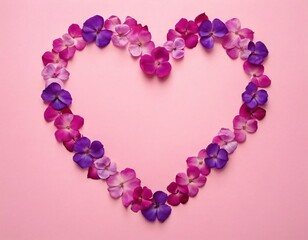 Obraz premium Heart made of pink and purple flower petals on a soft pastel background. Ai generated image.