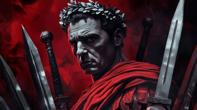 Roman leader in laurel wreath surrounded by swords on red background