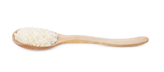 Raw rice in wooden spoon isolated on white