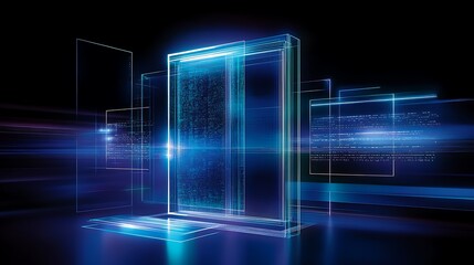 Fototapeta premium Futuristic Digital Doorway with Glowing Lines and Data Streams in a Dark Cyber Background