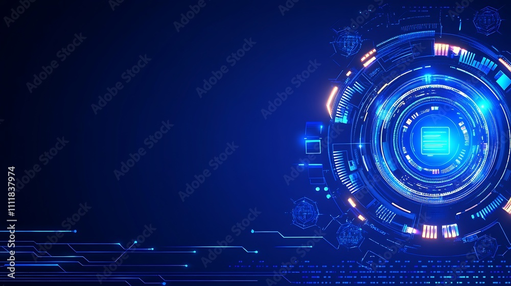 Poster futuristic digital interface with glowing elements and circuit patterns for technology concepts and 