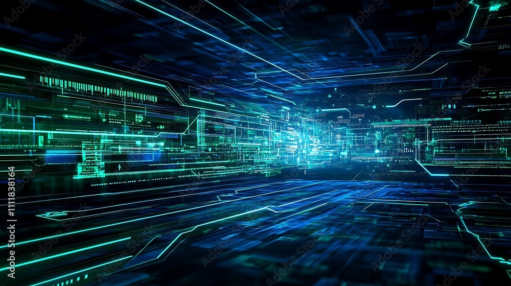 Poster futuristic digital interface with neon glowing lines and data streams in abstract technological envi