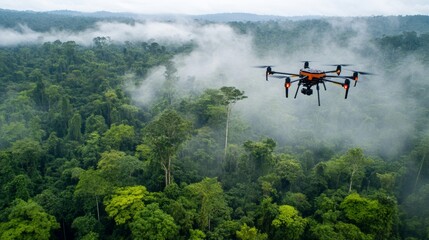 Fototapeta premium Conservation drone flying over rainforest, capturing images of habitat restoration and wildlife activity