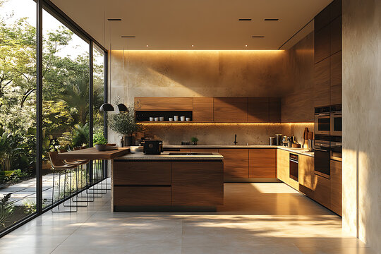 A stunning modern kitchen with dusty pistachio and khaki cabinetry paired with sleek wooden facades. The large-format ceramic granite flooring adds elegance, while subtle black accents 
