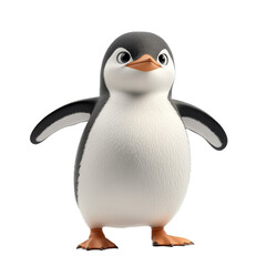 Fototapeta premium Cute cartoon penguin standing with arms outstretched in a playful pose indoors