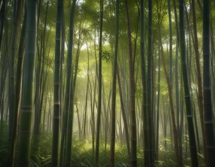 Bamboo forest with dappled light filtering through the canes, greenery, filtered light