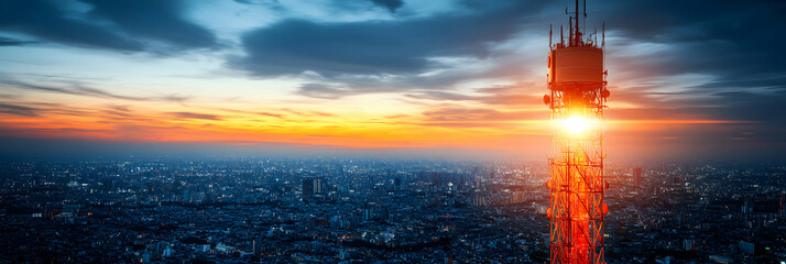 Fototapeta premium Sunset Cityscape, Communication Tower at Dusk, Aerial View