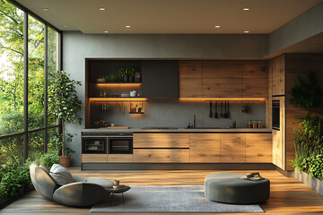 A stunning modern kitchen with dusty pistachio and khaki cabinetry paired with sleek wooden facades. The large-format ceramic granite flooring adds elegance, while subtle black accents 