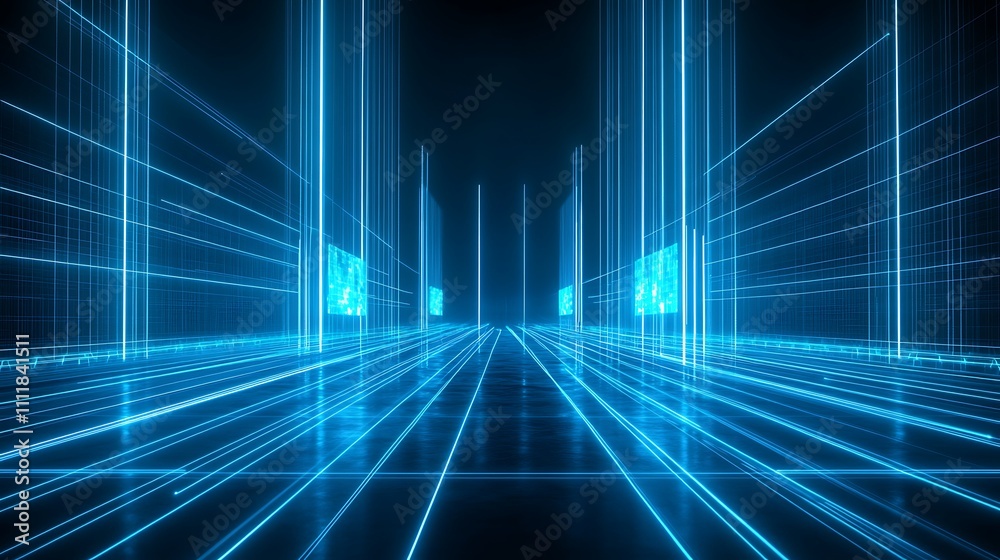 Poster Futuristic Digital Landscape with Neon Lines and Grid Stretching into the Distance in a Dark Environment