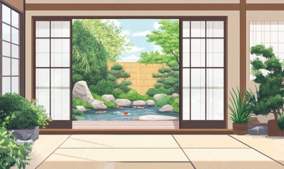 A serene indoor view of a Japanese garden with koi pond and greenery.