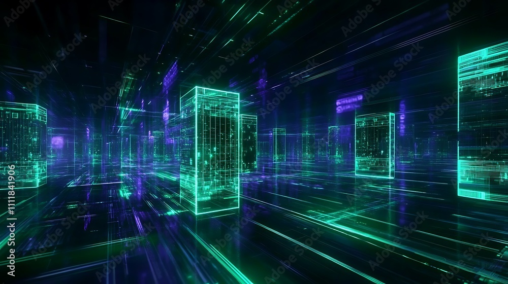 Poster Futuristic Digital Space with Glowing Neon Structures and Vibrant Light Trails in a Cybernetic Environment