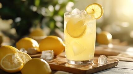 Glass of lemonade with ice and a lemon slice, next to whole and halved lemons.