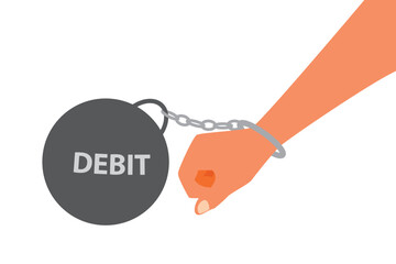 Hand of man tied with falling iron balls, business concept, article and wb design, vector