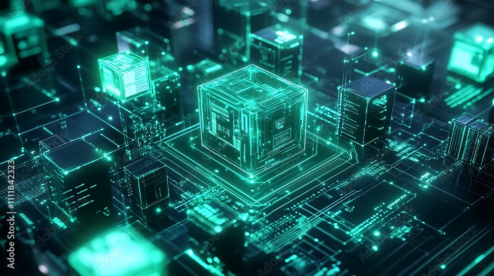 Poster futuristic digital technology background with green glowing circuitry and abstract data structures