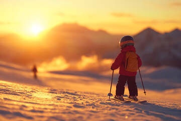 Young child skiing down in mountains slope at sunset.