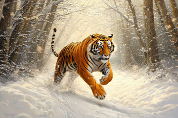 Obraz premium Tiger running through snowy forest.
