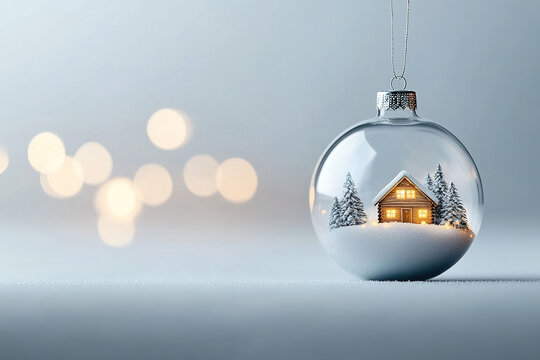 Decorative Christmas ornament featuring a cozy house in a winter landscape with glowing lights