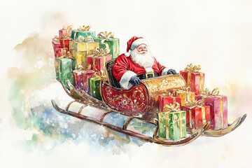 Santa Claus rides a sleigh filled with colorful presents during a festive winter celebration