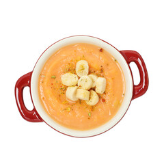 Delicious sweet potato soup with croutons isolated on white, top view