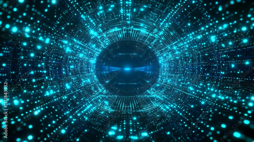 Aufkleber Futuristic Digital Tunnel with Glowing Particles and Light Rays in Technology Background