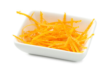 Orange zest in bowl isolated on white