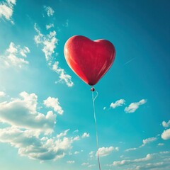 Fototapeta premium Red Heart Balloon Floating in a Bright Blue Sky
