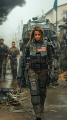 Fototapeta premium Female soldier standing with mech war machine inward zone.